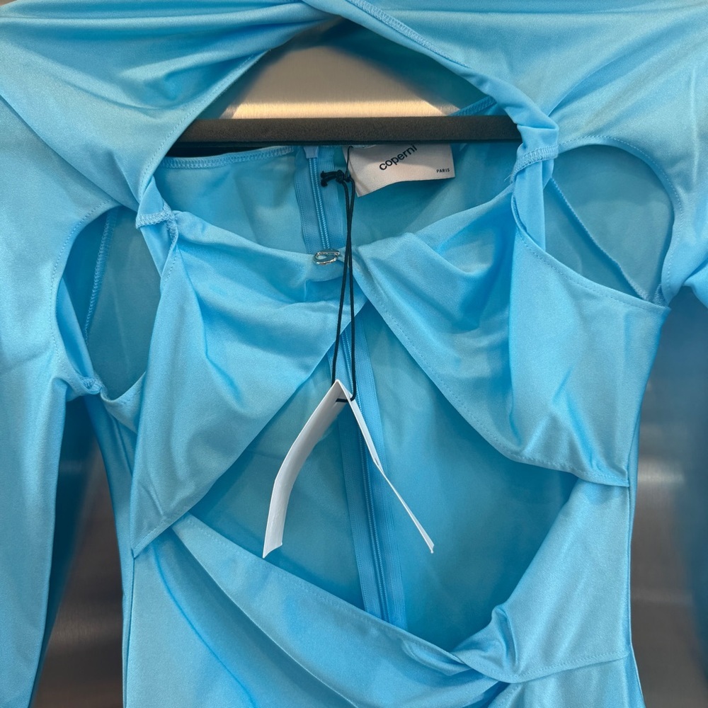 NWT Coperni cutout mini dress jersey turquoise blue body con long sleeve - Picture 3 of 11